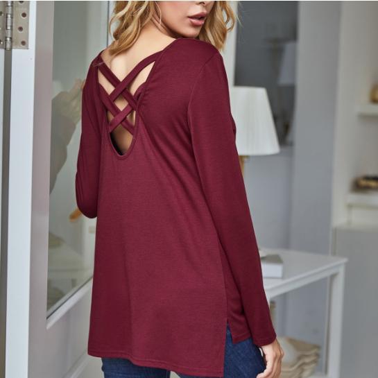 European and American women's T-shirt top hollowed out backless cross chest zipper fashionable long sleeved T-shirt top for women