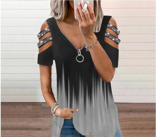 V-neck zipper pullover printed short sleeved loose T-shirt for women's top