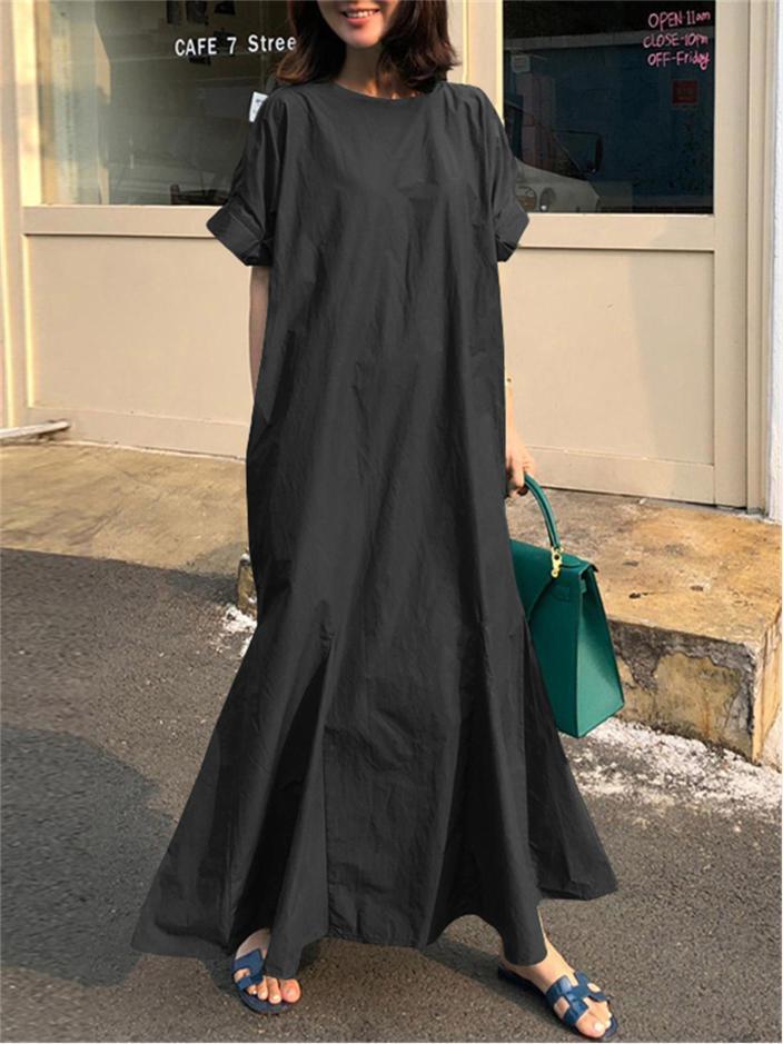 Temperament slim solid color loose round neck short sleeve knee dress fishtail dress