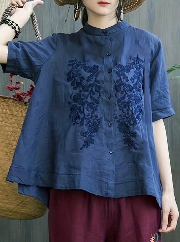 Cotton shirt collar shirt embroidered loose short-sleeved shirt female imitation linen blouse