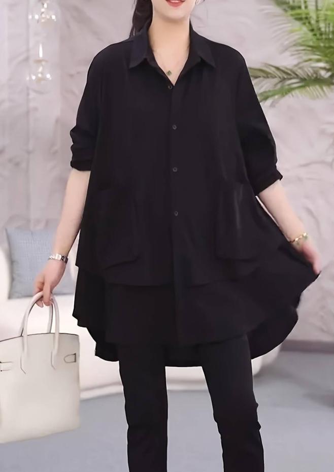 Loose design, black shirt, women's long-sleeved shirt, lazy and long in the wind