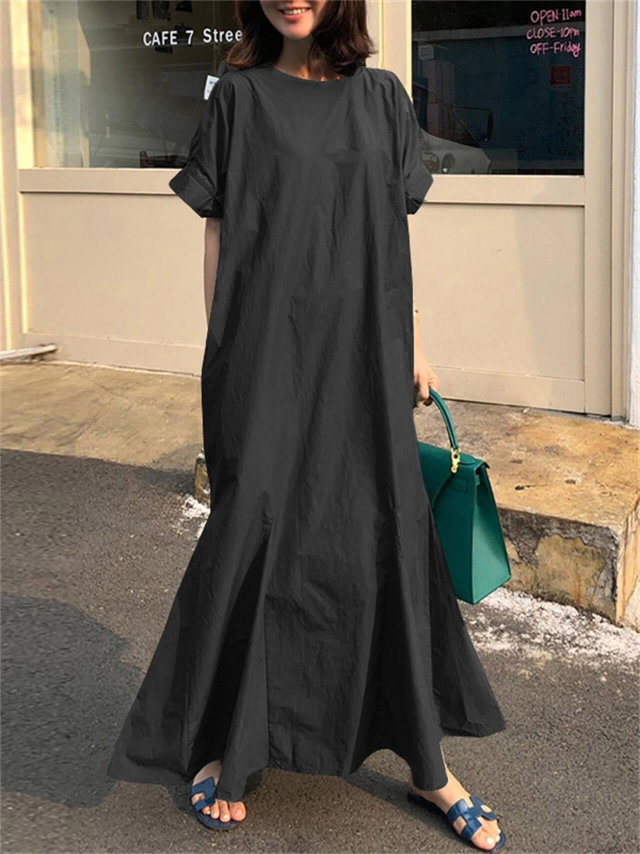 Temperament slim solid color loose round neck short sleeve knee dress fishtail dress