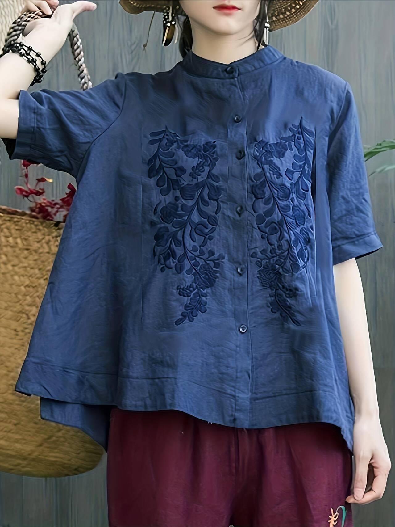 Cotton shirt collar shirt embroidered loose short-sleeved shirt female imitation linen blouse