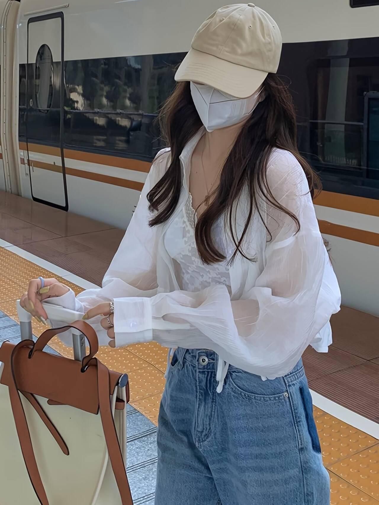 White chiffon sunscreen shirt with a cardigan shawl blouse short tulle long-sleeved blouse outside the sling