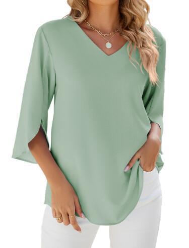 Women's V Neck Half Sleeve Shirts Loose Blouse Solid Color Tops