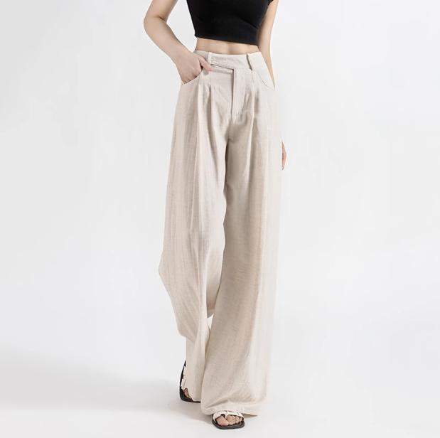 Flax wide-leg women's thin high waist loose straight leisure suit pants Tencel cotton and linen mop pants in summer 2025